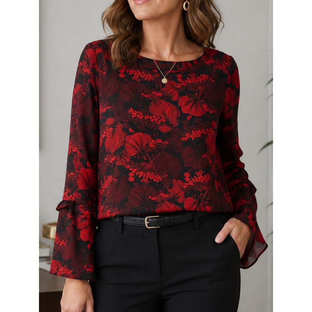 Violet + Claire Red Black Floral Blouse Bell Sleeve Sheer Top Large